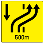 Wechsel der Richtungsfahrbahn - Gegenverkehrsbereich endet in 500 m  (Verkehrszeichen)