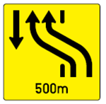 Wechsel der Richtungsfahrbahn - Gegenverkehrsbereich beginnt in 500 m (Verkehrszeichen)